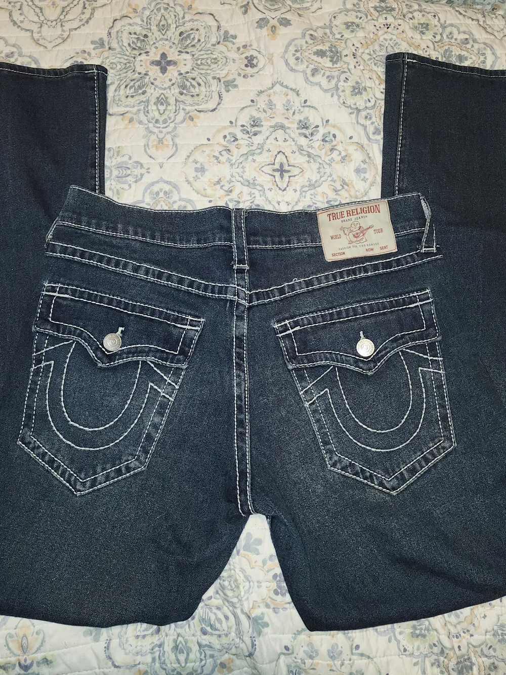 True Religion Men's Straight Jeans in Dark Blue with White Stitching
